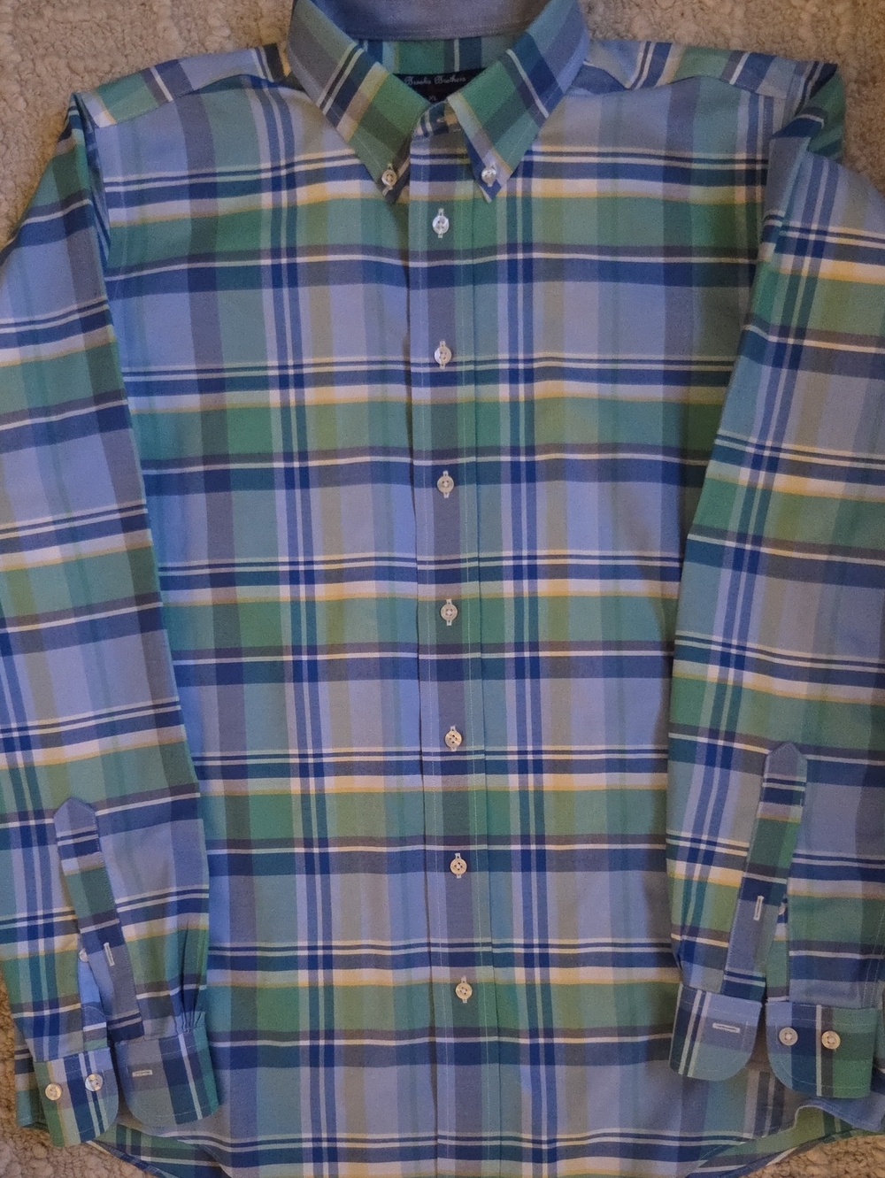 Brooks Brothers Non-Iron Plaid Shirt 100% Supima Cotton Green Blue Men's XL